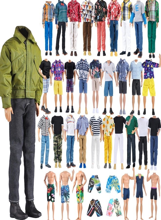 E-TING 15pcs Fashion Clothes Pack = 5pcs Casual Outfit + 5pcs Pants +5 Pairs Shoes for 12inches Boy Doll Random Style (Green Bomber Jacket + Daily Suit + Swimwear) - Image 1